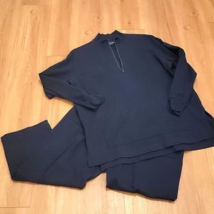 Karen Kane Navy Blue Lounge Set – Mock Neck Pullover & Capri Pants | 100% Cotton